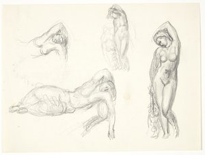 Studienblatt mit vier Entwürfen für die Figuren "Eva" und "Schlafendes Mädchen"