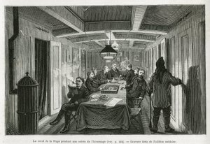 Der Platz von La Vega, während eines Winterabends, und die Aktivitäten der Besatzung: Lesen, Schach- und Backgammonspiele sowie Likörverkostung. Gravur aus der schwedischen Ausgabe, um die Geschichte "Reise der Vega um Asien und Europa" von Adolf Erik Nord