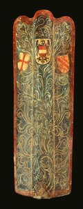 Ein seltener Schweizer Pavese aus Holz, bedeckt mit Gesso bemalter Leinwand mit grünem Rankenmuster und den Wappenschildern von Habsburg, der Liga von St. Georg und der Stadt Winterthur, ca. 1445
