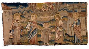 Wandteppichpanel, das St. Barbara, die Jungfrau Maria, die Heilige Dreifaltigkeit, St. Joseph und St. Katharina oder die Inkarnation mit den Heiligen Barbara und Katharina darstellt von Swiss School
