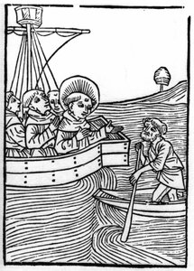 Die Legende von Sankt Brendan (Brandan), Held und irischer Heiliger des 6. Jahrhunderts: Brüder treffen einen Zwerg am Ende der Welt. Gravur aus „Die Wunderbare Meerfahrt des Hl. Brandan.“ Basel von Swiss School