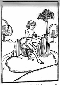 Die Legende von Saint Brendan (Brandan), Held und irischer Heiliger des 6. Jahrhunderts. Begegnung mit einem heiligen Einsiedler, der auf einem Felsen im offenen Meer lebt. Gravur aus „Die Wunderbare Meerfahrt des Hl. Brandan“. Bale