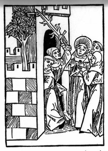 Die Legende des Heiligen Brendan (Brandan), Held und irischer Heiliger des 6. Jahrhunderts. Einer der Mönche wird eingesperrt. Gravur aus „Die Wunderbare Meerfahrt des Hl. Brandan“ Basel