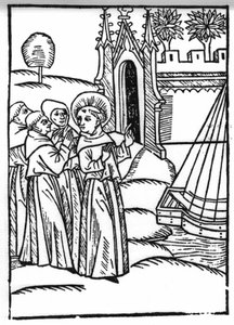Die Legende von Sankt Brendan (Brandan), Held und irischer Heiliger des 6. Jahrhunderts. Die Mönche und Sankt Brendan entdecken das irdische Paradies. Gravur aus „Die Wunderbare Meerfahrt des Hl. Brandan“. Basel