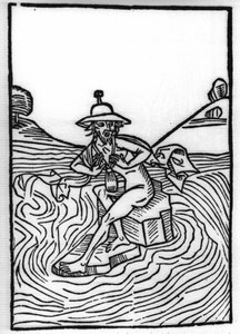Die Legende von Sankt Brendan (Brandan), Held und irischer Heiliger des 6. Jahrhunderts: Die Begegnung mit Judas, der viele Qualen erleidet. Gravur aus „Die Wunderbare Meerfahrt des Hl. Brandan“. Basel von Swiss School