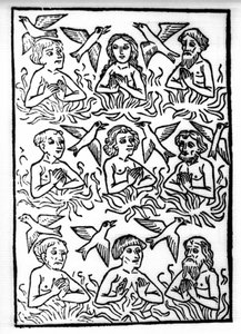 Die Legende von Sankt Brendan (Brandan), Held und irischer Heiliger des 6. Jahrhunderts: Die Feuer des Fegefeuers und die Feuer Vögel. Gravur aus „Die Wunderbare Meerfahrt des Hl. Brandan“. Basel von Swiss School