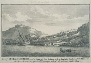 Kapitän Cook, nach einem Schiffbruch auf seiner Weltreise, lässt die Endeavour in einem Hafen auf einer der Hope-Inseln reparieren, ca. 1786 (Gravur)