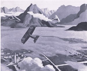 Britische Pfadfinder verlassen ihren Flugplatz auf Patrouille über das Asiago-Plateau, Italien, aus British Adventure, veröffentlicht von Collins, 1947 von Sydney Carline