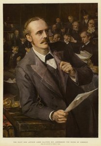Der ehrenwerte Arthur James Balfour, MP, spricht im Unterhaus von Sydney Prior (after) Hall