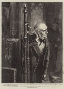 Das Frauenwahlrecht-Gesetz, Mr. Gladstone hört die Zahlen der Abstimmungsliste hinter dem Stuhl des Sprechers (Stich) von Sydney Prior (after) Hall