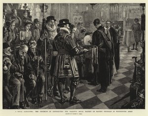 Eine königliche Almosenverteilung, die Zeremonie der Verteilung der königlichen Almosen Ihrer Majestät am Gründonnerstag in der Westminster Abbey von Sydney Prior Hall