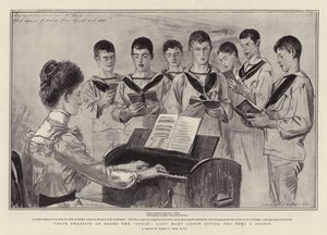 Chorprobe an Bord der Ophir, Lady Mary Lygon gibt den Jungen eine Lektion von Sydney Prior Hall
