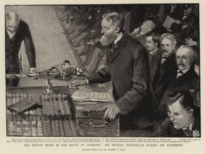 Die Budgetnacht im Unterhaus, Sir Michael Hicks-Beach hält seine Rede von Sydney Prior Hall