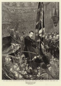 Die Demonstration der irischen Loyalisten in der Albert Hall, der Herzog von Abercorn pflanzt den Union Jack von Sydney Prior Hall