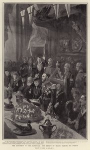 Das Mittagessen in der Guildhall, der Prinz von Wales hält seine Rede von Sydney Prior Hall