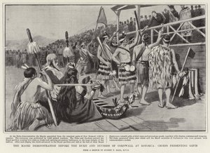Die Maori-Demonstration vor dem Herzog und der Herzogin von Cornwall in Rotorua, Häuptlinge präsentieren Geschenke