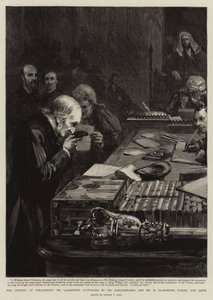 Die Eröffnung des Parlaments, Mr. Gladstone, unterstützt von Mr. Marjoribanks und Mr. H. Gladstone, leistet den Eid von Sydney Prior Hall