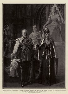 Die Eröffnung des Parlaments, Ihre Majestäten passieren die Statue von Königin Victoria im Prinzenzimmer nach der Verlesung der Königlichen Rede von Sydney Prior Hall