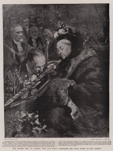 Der Besuch der Königin in London, der Lord Mayor überreicht das Staatsschwert Ihrer Majestät