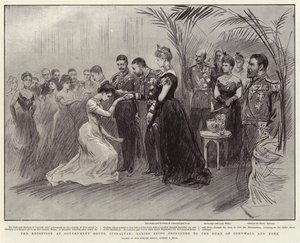 Der Empfang im Regierungshaus, Gibraltar, Damen werden dem Herzog von Cornwall und York vorgestellt von Sydney Prior Hall