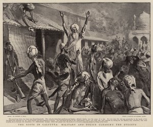 Die Unruhen in Kalkutta, Militär und Polizei räumen die Straßen von Sydney Prior Hall