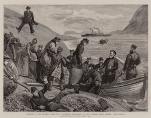Touristen in den westlichen Highlands, Passagiere steigen in Loch Scavaig ein nach dem Besuch von Loch Coruisk