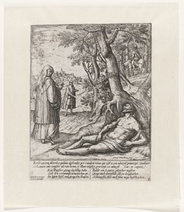 Ein Priester und ein Levit gehen vorbei und lassen den verwundeten Reisenden liegen von Symon Novelanus