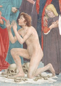 Detail des auferstandenen Kindes, aus der Auferweckung des Sohnes des Theophilus und St. Peter als erster Bischof von Antiochia, ca. 1427 und ca. 1484-85 (Detail)