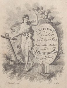 Handelskarte für Croydon, Drucker, Buchhändler und Schirmmacher, 19. Jahrhundert von T. Rickard