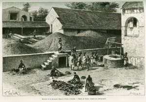 Im Inneren der Faktorei Maurel und Prom, in Boulam, Erdnüsse, Palmkerne und Gummi verarbeitend. Gravur von Taylor, nach einer Fotografie, zur Illustration der Geschichte Voyage dans la Sénégambie et la Guinée portugaise, 1888, von Kapitän A. Brosselard