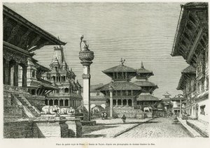Platz des Königspalastes von Patan (heutiges Lalitpur). Gravur von Taylor zur Illustration der Geschichte Voyage au Nepal, von Dr. Gustave Le Bon (1841-1931), in Le Tour du monde 1886, unter der Leitung von Edouard Charton (1807-1890), Hachette, Paris.