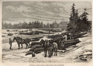 Das Herablassen der Flöße in Ontario, die Holzfäller entladen die gefällten Stämme und installieren sie auf dem gefrorenen Fluss, dann werden die Stämme während des Tauwetters vom Strom an den Ort getragen, wo sie entladen und verarbeitet werden, Gravur na