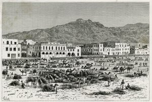 Der Marsch von Aden (Jemen). Taylors Gravur zur Illustration der Geschichte „Reise nach Benadir, Somalis und Bayoun“ 1882-1883, von M.G. Revoil. Veröffentlicht in Le Tour du monde, nouveau journal des voyages
