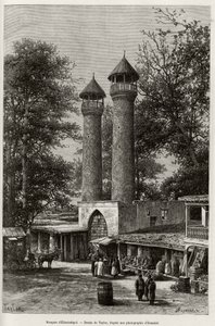 Die Moschee von Elisabethpol (oder Gandja, oder Kirovabad, Aserbaidschan). Gravur von Taylor, zur Illustration der Geschichte „A travers l