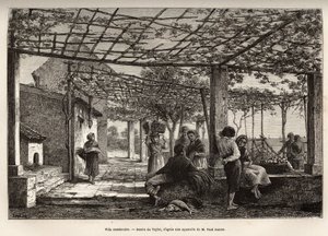 Villa Menton, Gravur nach Taylors Zeichnung, zur Illustration der Reise nach Menton und Bordighera, 1871, von Adolphe Joanne, veröffentlicht in „Le Tour du Monde“ 1874, herausgegeben von Edouard Charton, Hachette, Paris von T Taylor
