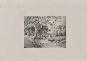 Blick auf die alte Brücke von Partick von den Trittsteinen aus