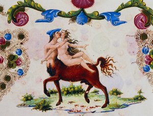 Zentaur und weibliche Figur, Band II f 287, v, Bibel von Borso d