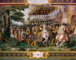 Franz I. empfängt Karl V. und Kardinal Alessio Farnese in Paris