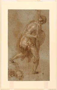Soldat läuft: Studie für Figur im linken Vordergrund, "Verrat an Christus," Rom, S. Maria della Consolazione, Matttei-Kapelle; Separate Studien von zwei Köpfen