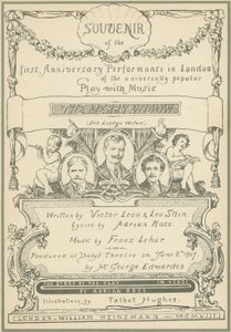 Titelseite des Souvenirs zum ersten Jubiläumsauftritt in London von Die lustige Witwe von Talbot Hughes