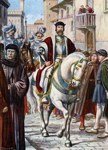 Porträt von Cosimo I. von Toskana, durch die Straßen von Florenz gehend, umgeben von Mitgliedern seiner Miliz von Tancredi Scarpelli