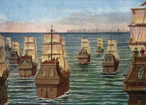 Die Schlacht von Cannanor fand im März 1506 vor dem Hafen von Cannanore in Indien statt, zwischen der indischen Flotte des Samorin von Calicut und einer portugiesischen Flotte unter Lourenco de Almeida, dem Sohn des Vizekönigs Almeida) Illustration von Tan von Tancredi Scarpelli