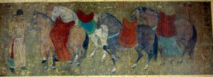 Chinesische Kunst: „Zwei Palefreniers treiben vier Pferde in einem kaiserlichen Stall“. Fragment einer Seidenmalerei, zugeschrieben Han Kan, Hofmaler des Kaisers Hiuan tsong