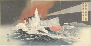 Unsere Torpedobootszerstörer Hayatori und Asagiri zerstören feindliche Schiffe während eines Schneesturms in Port Arthur