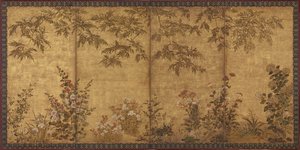 Mimosenbaum, Mohnblumen und andere Sommerblumen, Edo-Periode, 1630-1670