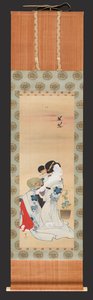 Schönheit mit einem Fächer neben einem Topf mit Prunkwinde, ca. 1830-44 von Teisai Hokuba