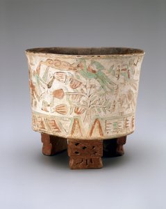 Dreifußvase mit zwei Blasrohrschützen und Quetzalvögeln in Kakaobäumen, Spät-Xolalpan, 550-650