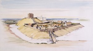York Castle, wie es kurz nach dem Bau ausgesehen haben könnte, mit dem Münster dahinter von Terry Ball