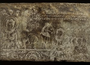 Gravierte Steinplatte, die die Bhojajania Jataka-Geschichte darstellt, aus Wat Si Chum, Sukhothai, 14.-15. Jahrhundert von Thai School