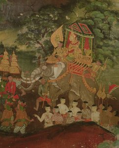 König Sanjaya auf einem Elefanten, Wat Suwannaram, Dhonburi, 1831 von Thai School